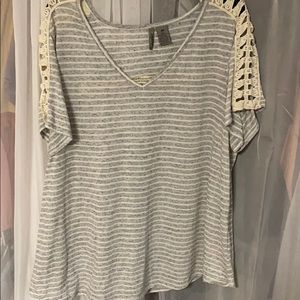 New Directions, white & gray striped tee